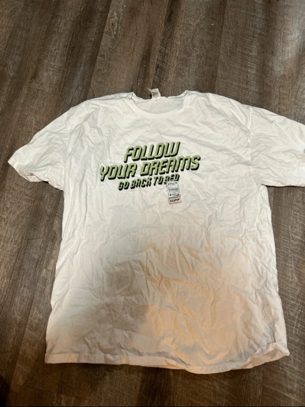 Fruit of the Loom White T-Shirt with Green Accent 'Follow Your Dreams' Graphic